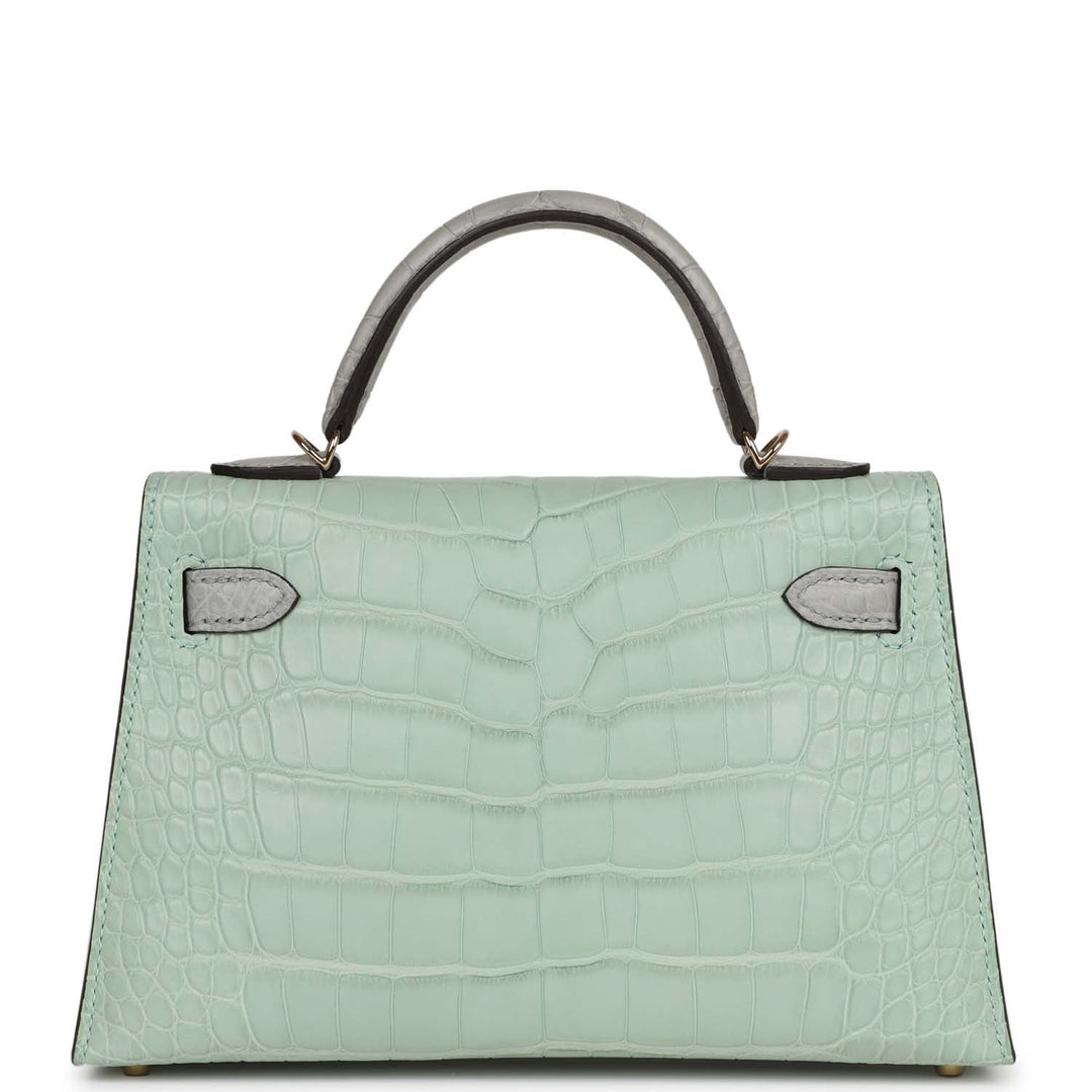 Hermes Special Order (HSS) Kelly Sellier 20 Vert D'Eau and Gris Perle Matte Alligator Permabrass Hardware