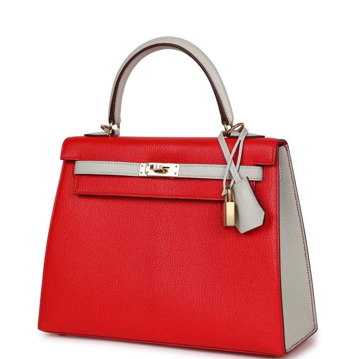 Top quality Hermes Special Order (HSS) Kelly Sellier 25 Rouge De Coeur and Gris Perle Chevre Mysore Permabrass Hardware