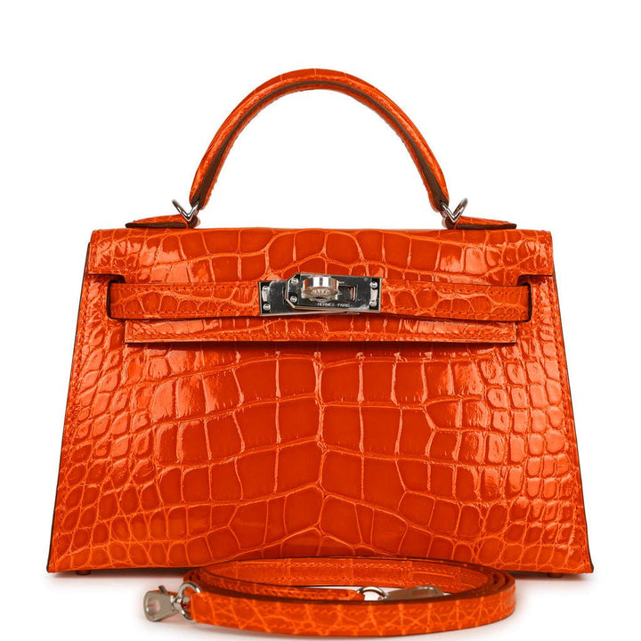 Top quality Hermes Kelly Sellier 20 Orange Poppy Shiny Alligator Palladium Hardware
