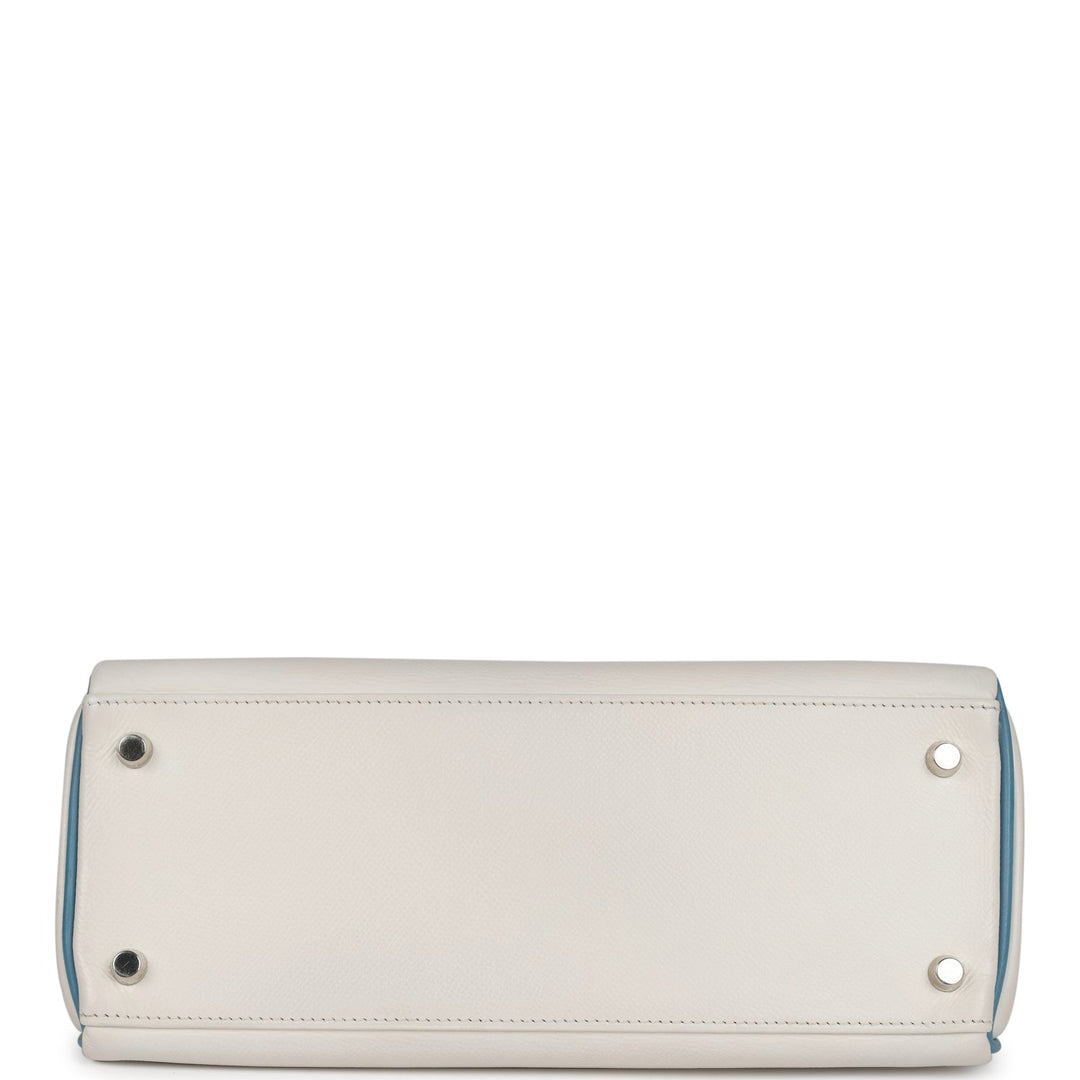 Hermes Bi-color Kelly Retourne 28 White and Blue Jean Epsom Palladium Hardware