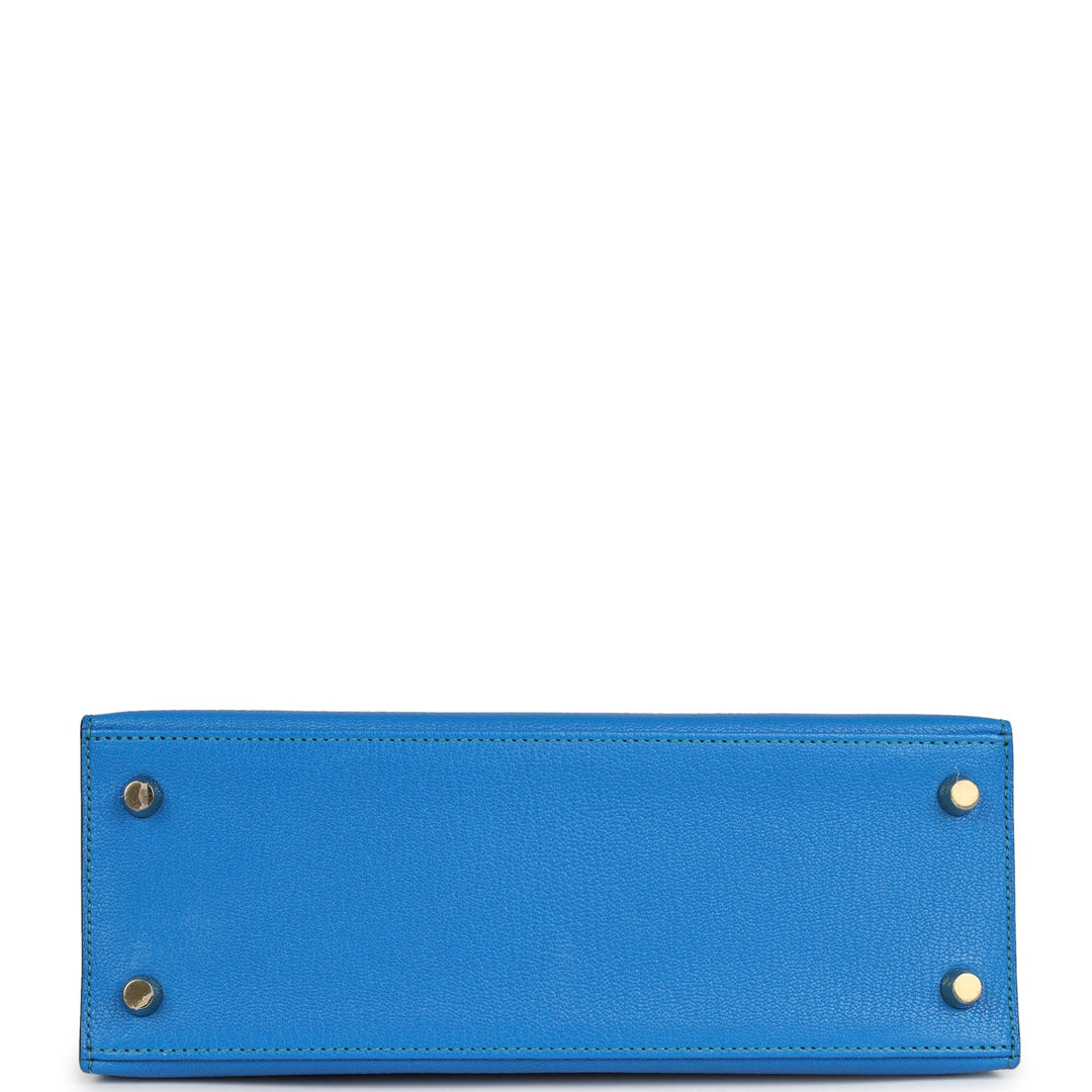 Hermes Special Order (HSS) Kelly Sellier 25 Bleu Hydra and Bleu Paon Chevre Mysore Gold Hardware
