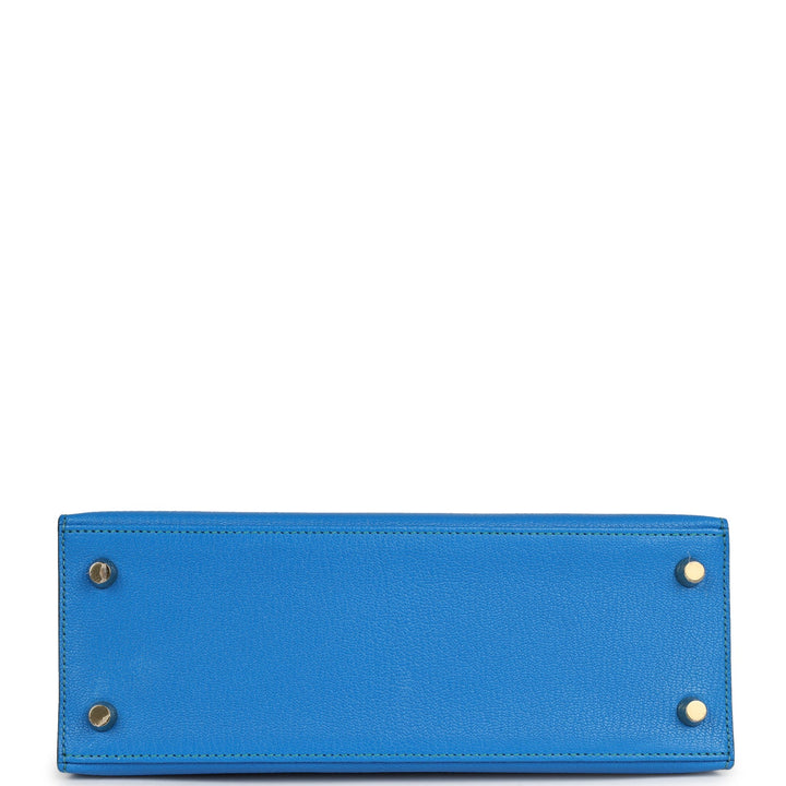 Hermes Special Order (HSS) Kelly Sellier 25 Bleu Hydra and Bleu Paon Chevre Mysore Gold Hardware
