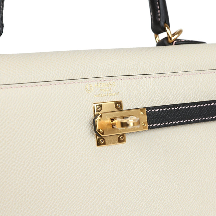 Hermes Special Order (HSS) Kelly Sellier 25 Craie and Black Epsom Gold Hardware