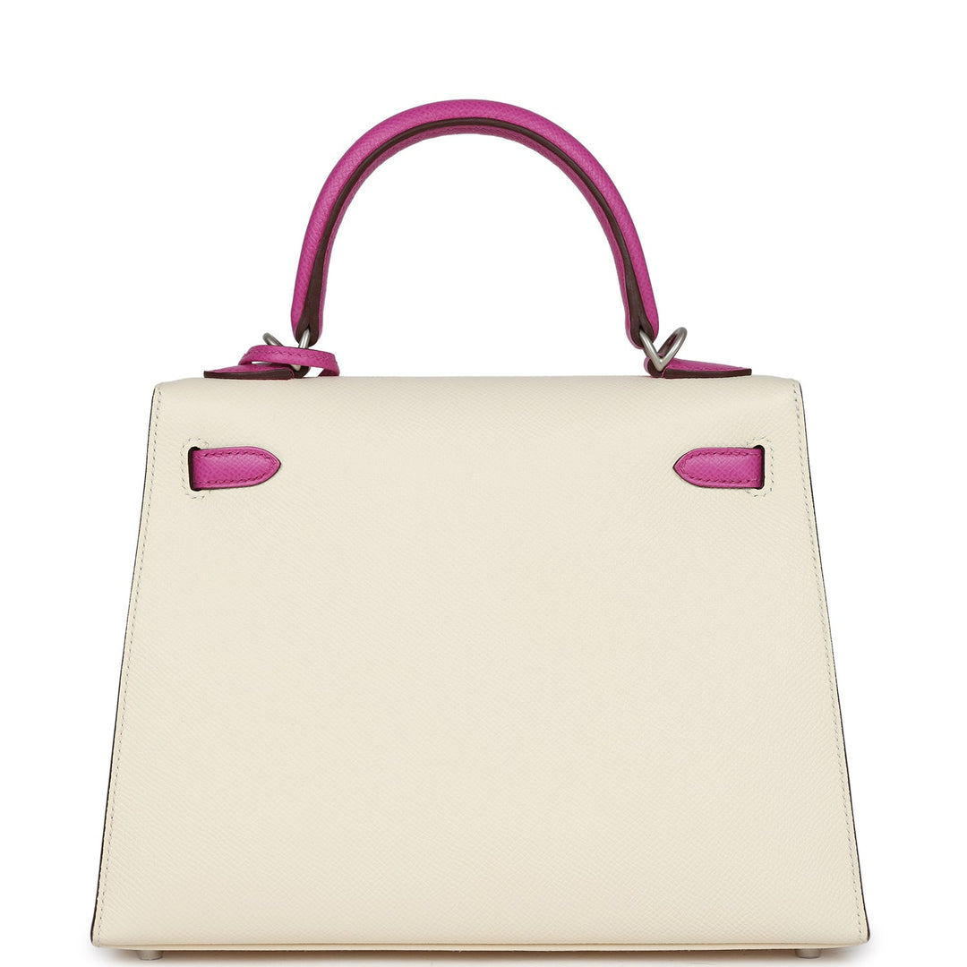 Hermes Special Order (HSS) Kelly Sellier 25 Nata and Rose Pourpre Epsom Brushed Palladium Hardware