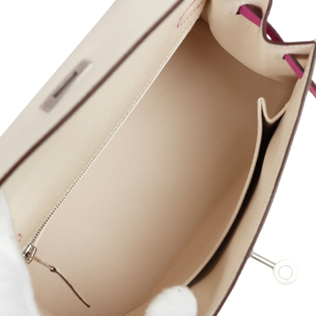 Hermes Special Order (HSS) Kelly Sellier 25 Nata and Rose Pourpre Epsom Brushed Palladium Hardware