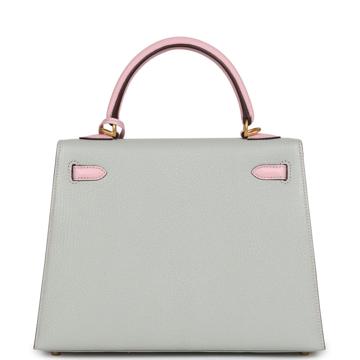 Hermes Special Order (HSS) Kelly Sellier 25 Gris Perle and Rose Sakura Chevre Brushed Gold Hardware