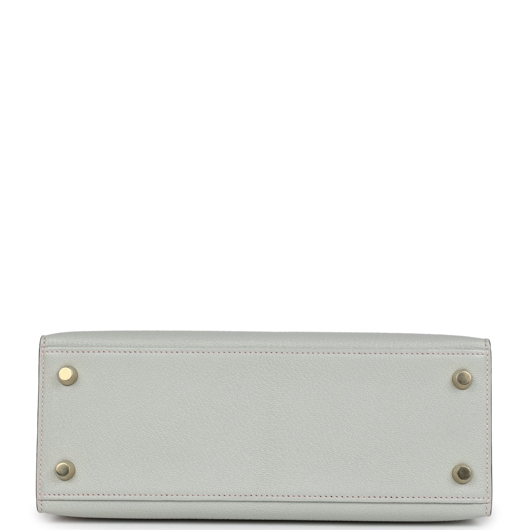 Hermes Special Order (HSS) Kelly Sellier 25 Gris Perle and Rose Sakura Chevre Brushed Gold Hardware
