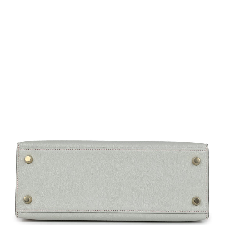 Hermes Special Order (HSS) Kelly Sellier 25 Gris Perle and Rose Sakura Chevre Brushed Gold Hardware