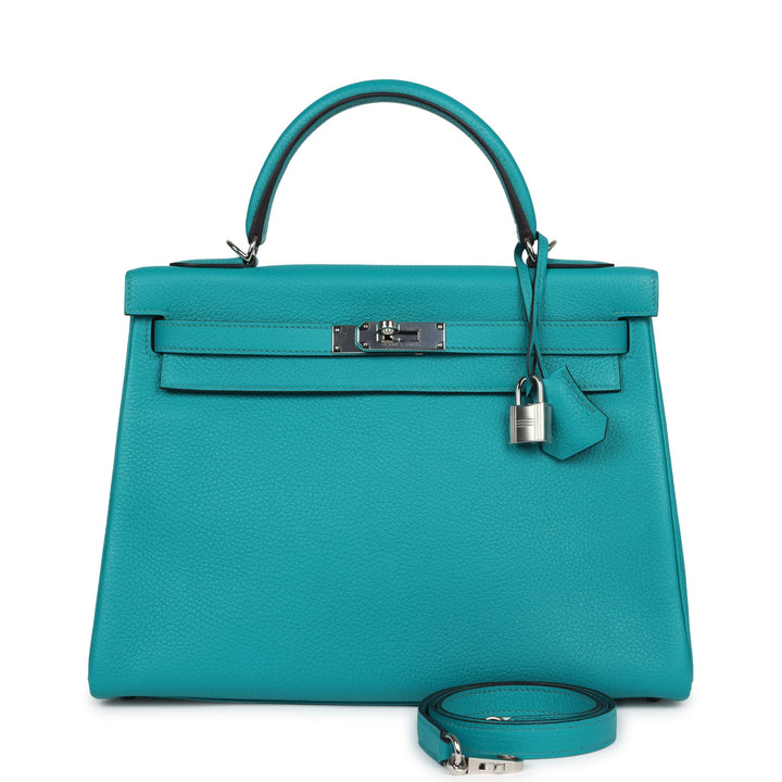 New Hermes Kelly Retourne 32 Bleu Paon Clemence Palladium Hardware