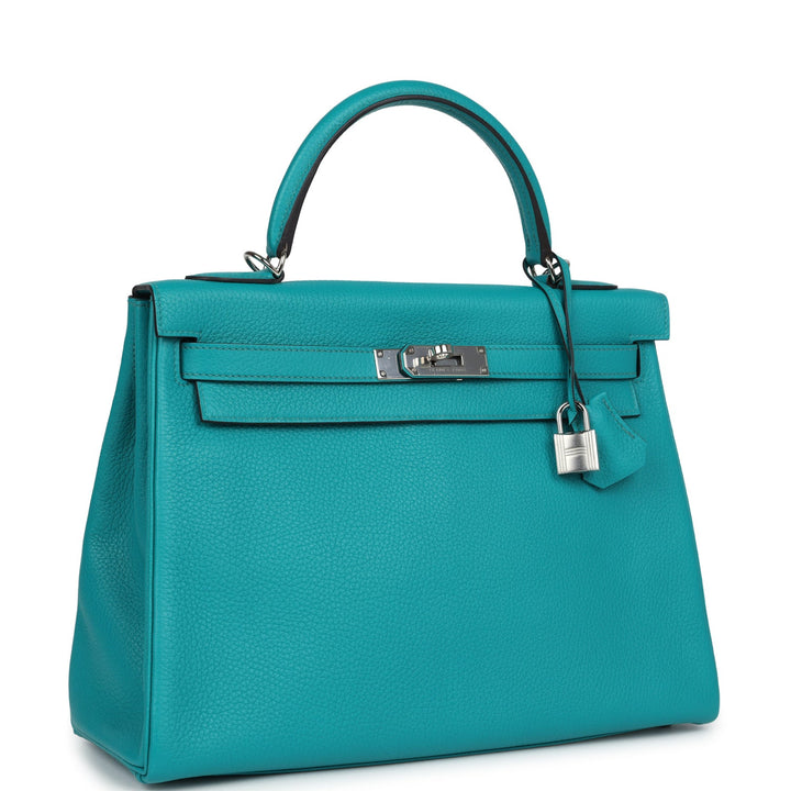New Hermes Kelly Retourne 32 Bleu Paon Clemence Palladium Hardware