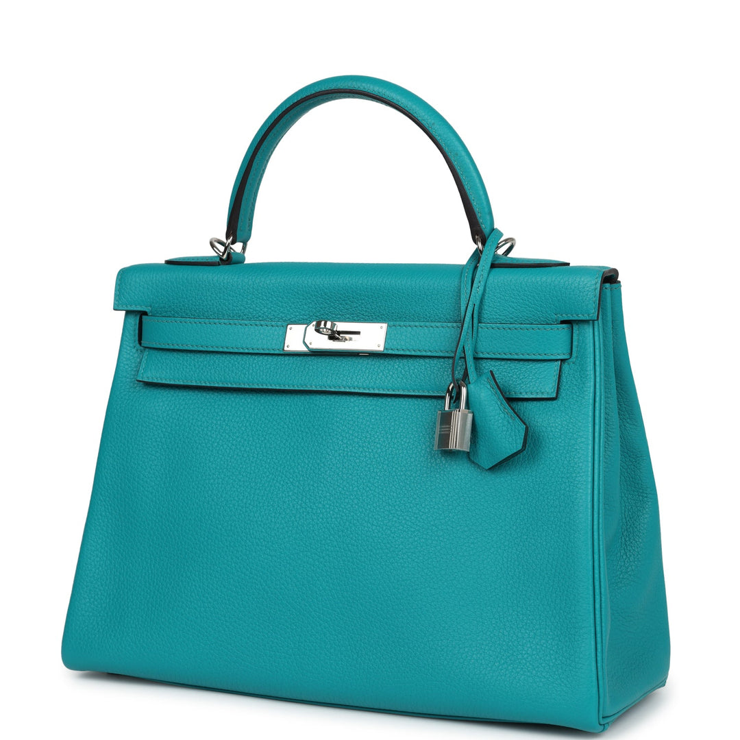 New Hermes Kelly Retourne 32 Bleu Paon Clemence Palladium Hardware
