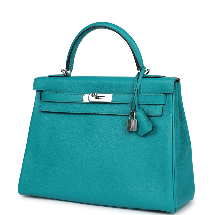 New Hermes Kelly Retourne 32 Bleu Paon Clemence Palladium Hardware