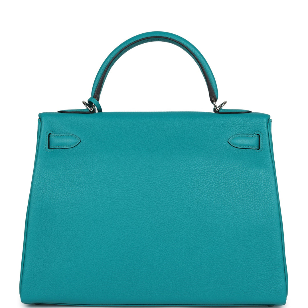 New Hermes Kelly Retourne 32 Bleu Paon Clemence Palladium Hardware