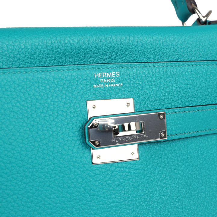 New Hermes Kelly Retourne 32 Bleu Paon Clemence Palladium Hardware