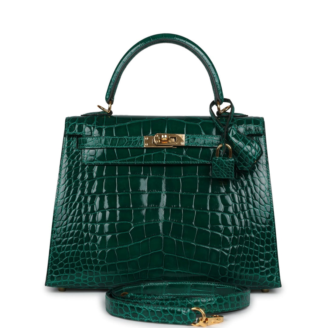 New Hermes Kelly Sellier 25 Emerald Shiny Alligator Gold Hardware