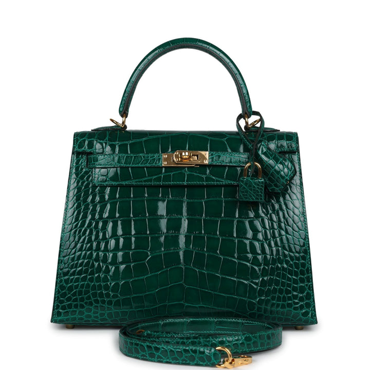 New Hermes Kelly Sellier 25 Emerald Shiny Alligator Gold Hardware