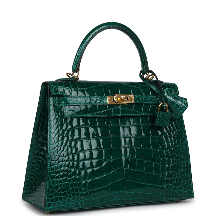 New Hermes Kelly Sellier 25 Emerald Shiny Alligator Gold Hardware