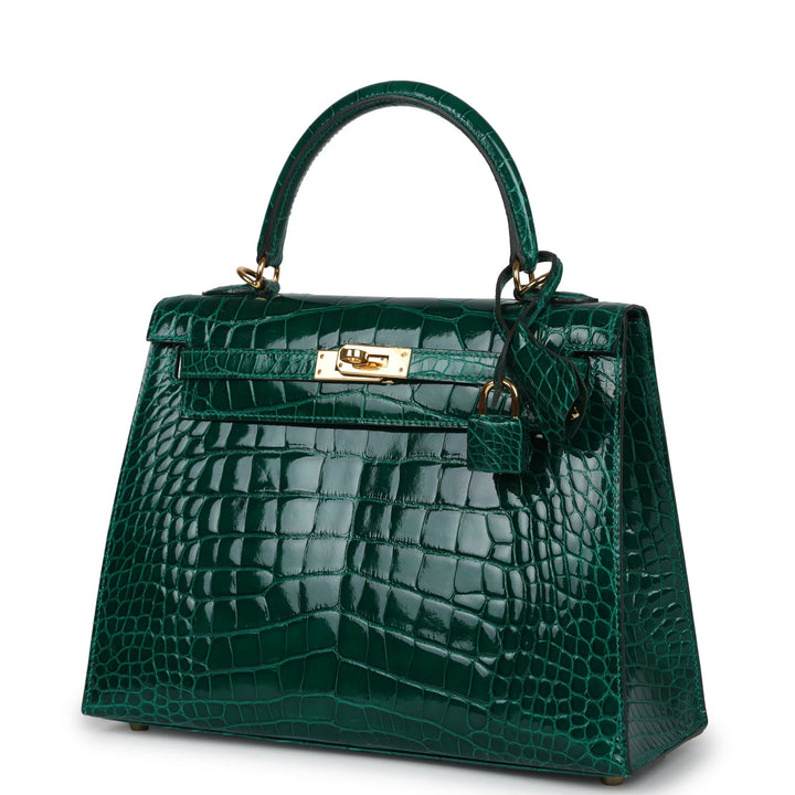 New Hermes Kelly Sellier 25 Emerald Shiny Alligator Gold Hardware
