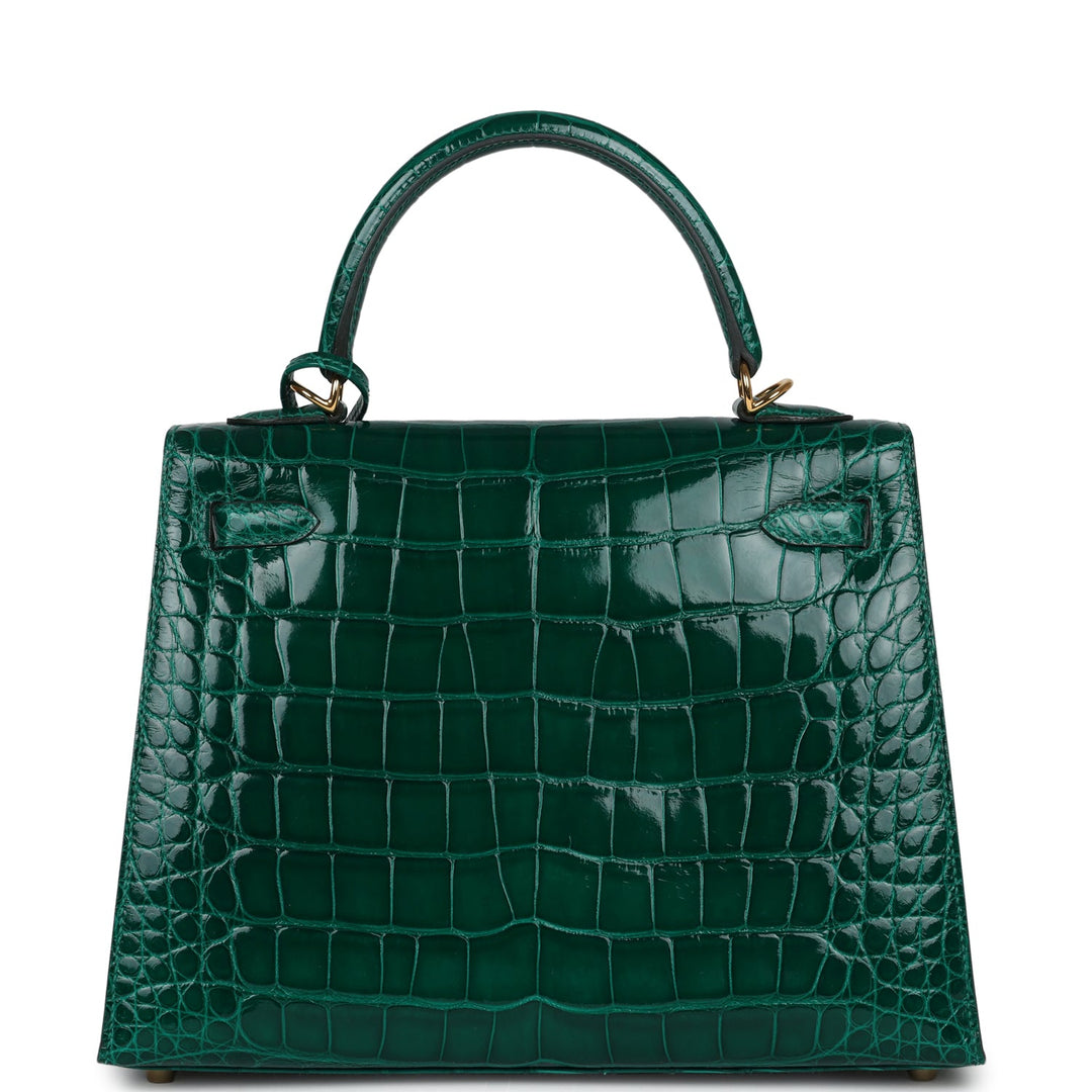 New Hermes Kelly Sellier 25 Emerald Shiny Alligator Gold Hardware