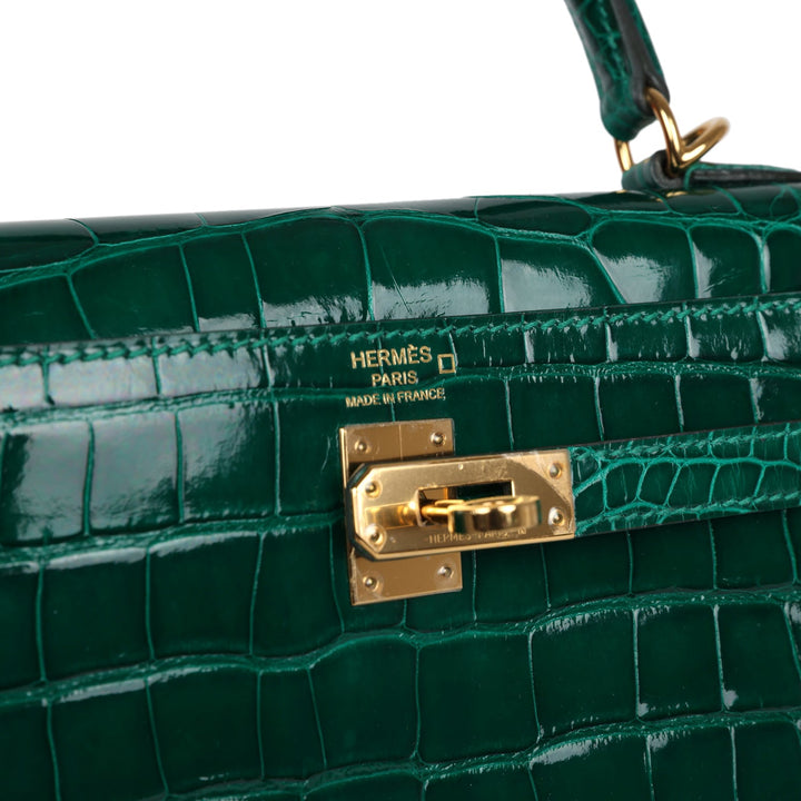 New Hermes Kelly Sellier 25 Emerald Shiny Alligator Gold Hardware