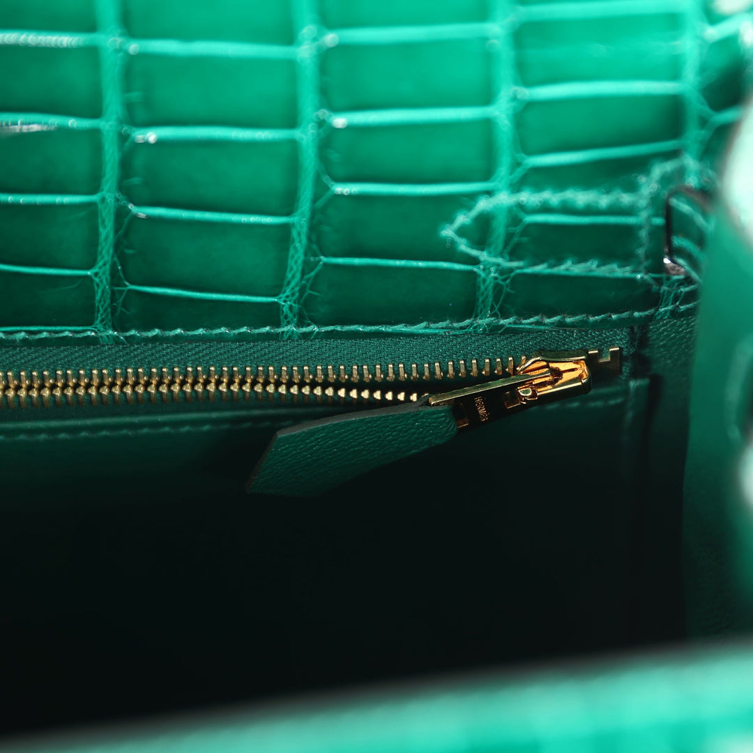 New Hermes Kelly Sellier 25 Emerald Shiny Alligator Gold Hardware