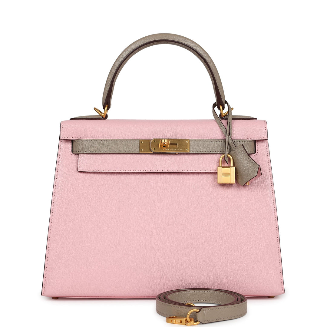 Hermes HSS Kelly Sellier 28 Rose Sakura and Gris Tourterelle Chevre Brushed Gold Hardware