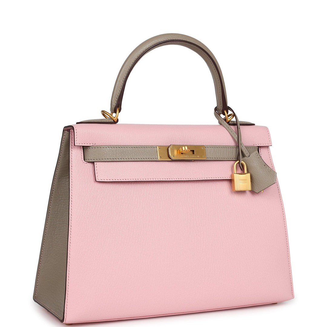 Hermes HSS Kelly Sellier 28 Rose Sakura and Gris Tourterelle Chevre Brushed Gold Hardware