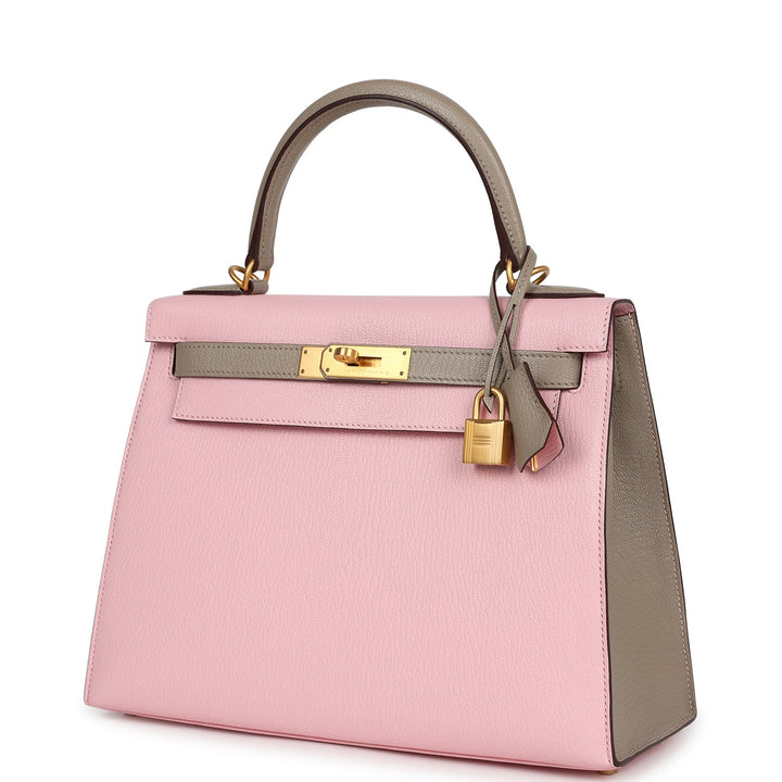 Hermes HSS Kelly Sellier 28 Rose Sakura and Gris Tourterelle Chevre Brushed Gold Hardware