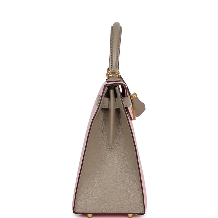 Hermes HSS Kelly Sellier 28 Rose Sakura and Gris Tourterelle Chevre Brushed Gold Hardware