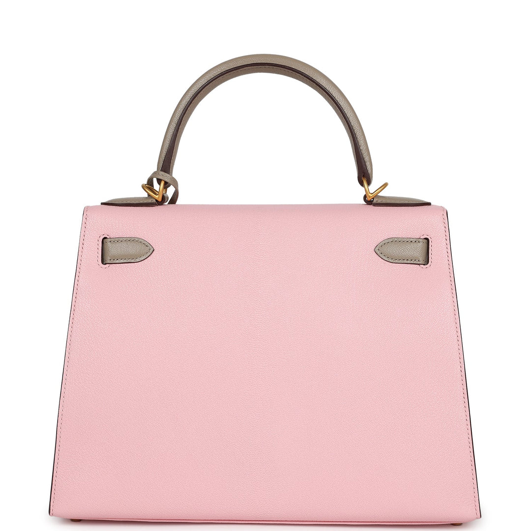 Hermes HSS Kelly Sellier 28 Rose Sakura and Gris Tourterelle Chevre Brushed Gold Hardware