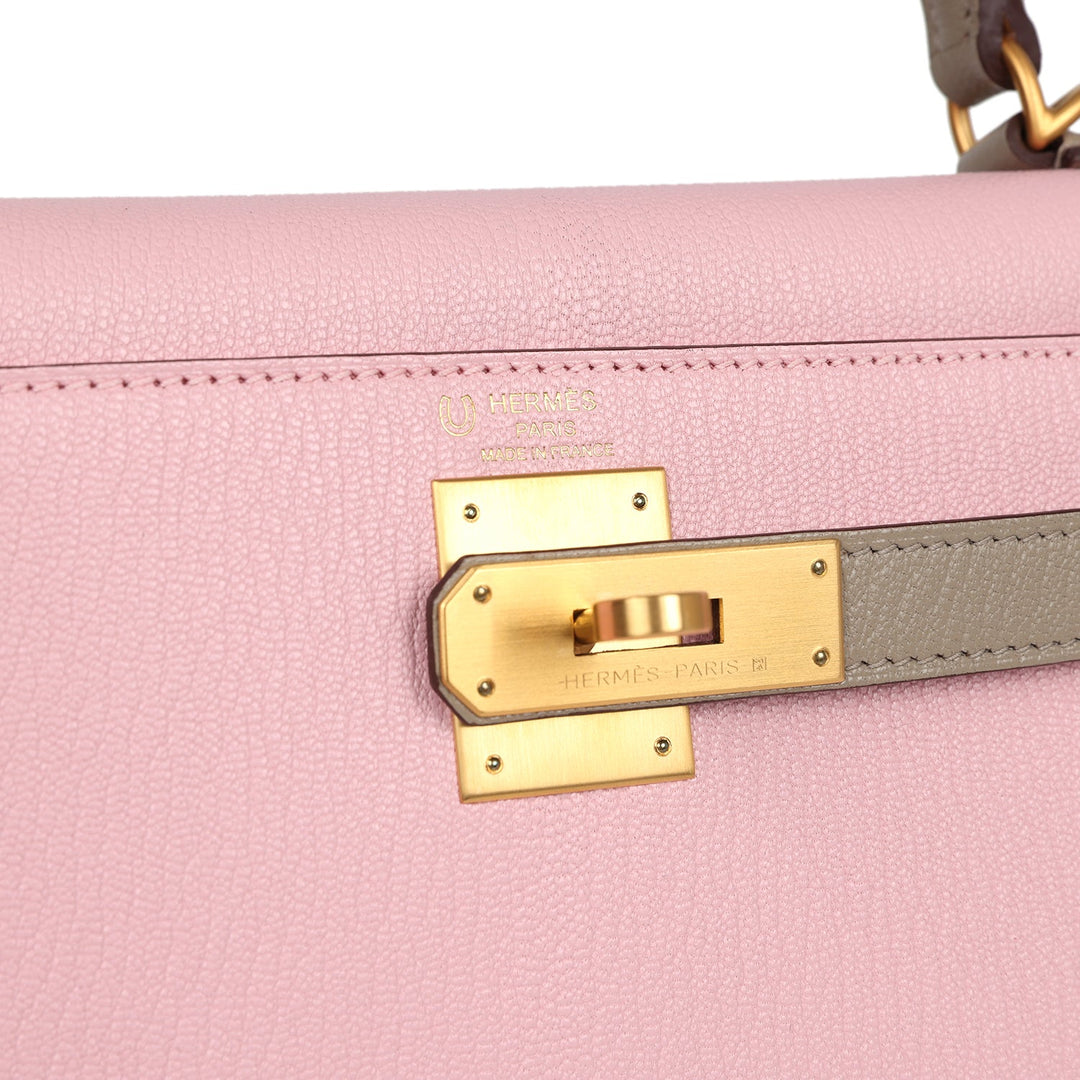 Hermes HSS Kelly Sellier 28 Rose Sakura and Gris Tourterelle Chevre Brushed Gold Hardware