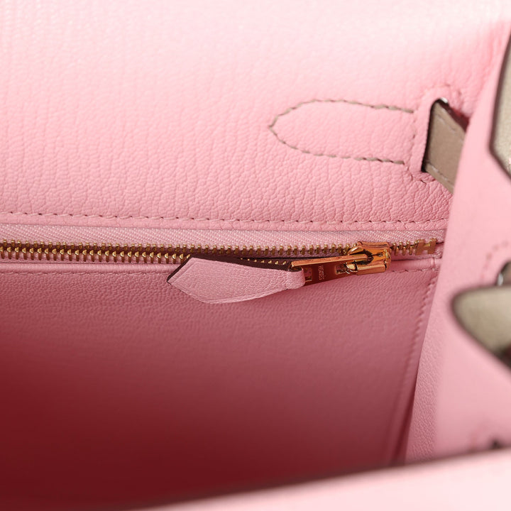 Hermes HSS Kelly Sellier 28 Rose Sakura and Gris Tourterelle Chevre Brushed Gold Hardware