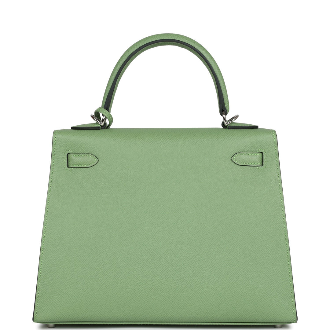 Hermes Special Order (HSS) Kelly Sellier 25 Vert Criquet Verso Epsom Palladium Hardware
