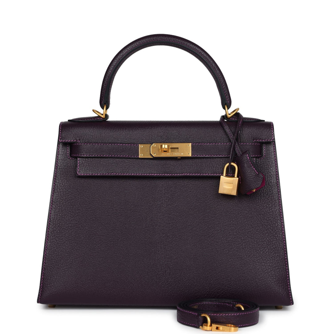 New Hermes Special Order (HSS) Kelly Sellier 28 Raisin Verso Chevre Brushed Gold Hardware