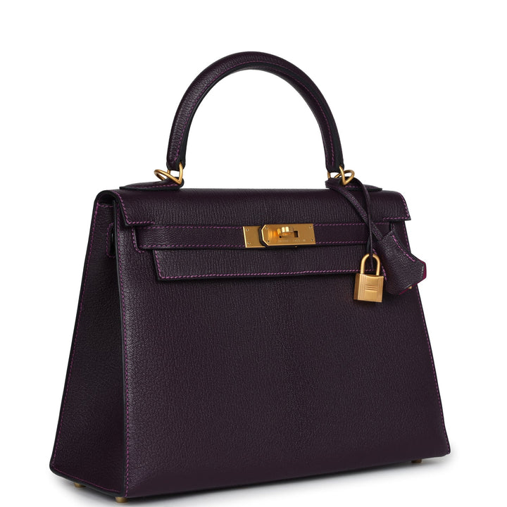 New Hermes Special Order (HSS) Kelly Sellier 28 Raisin Verso Chevre Brushed Gold Hardware