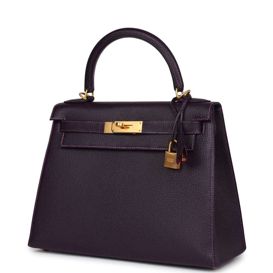 New Hermes Special Order (HSS) Kelly Sellier 28 Raisin Verso Chevre Brushed Gold Hardware