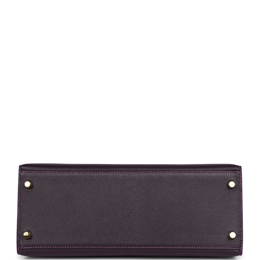 Hermes Special Order (HSS) Kelly Sellier 28 Raisin Verso Chevre Brushed Gold Hardware