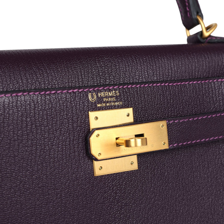 New Hermes Special Order (HSS) Kelly Sellier 28 Raisin Verso Chevre Brushed Gold Hardware