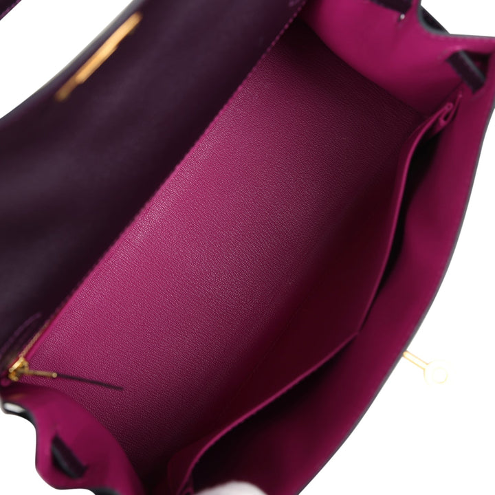 Hermes Special Order (HSS) Kelly Sellier 28 Raisin Verso Chevre Brushed Gold Hardware