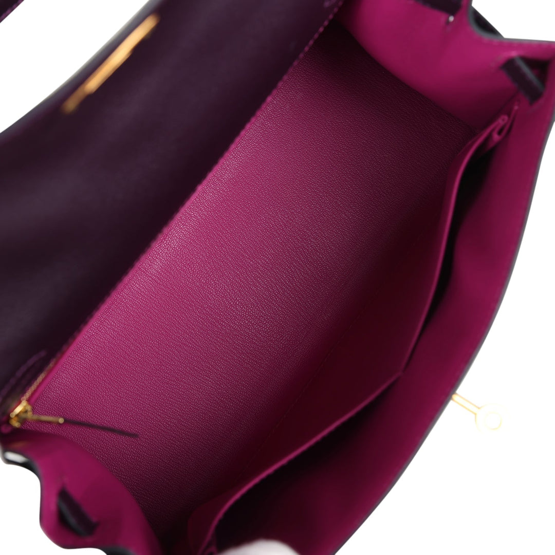 New Hermes Special Order (HSS) Kelly Sellier 28 Raisin Verso Chevre Brushed Gold Hardware