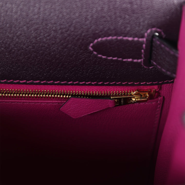 New Hermes Special Order (HSS) Kelly Sellier 28 Raisin Verso Chevre Brushed Gold Hardware