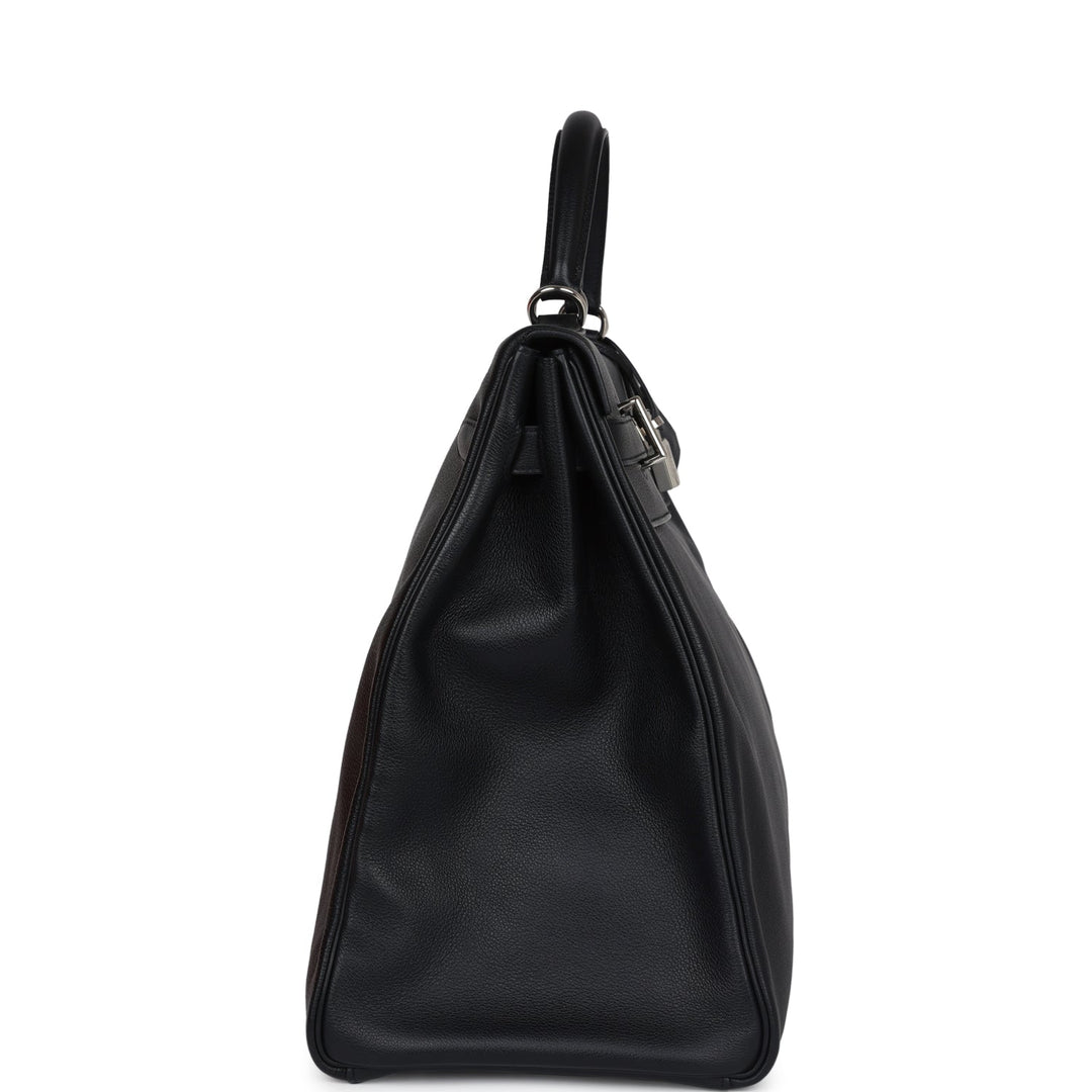 New Hermes Kelly Voyage 50 Black Evercolor Palladium Hardware
