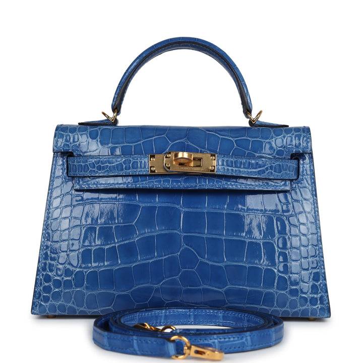 Hermes Kelly Sellier 20 Bleu Zellige Shiny Alligator Gold Hardware