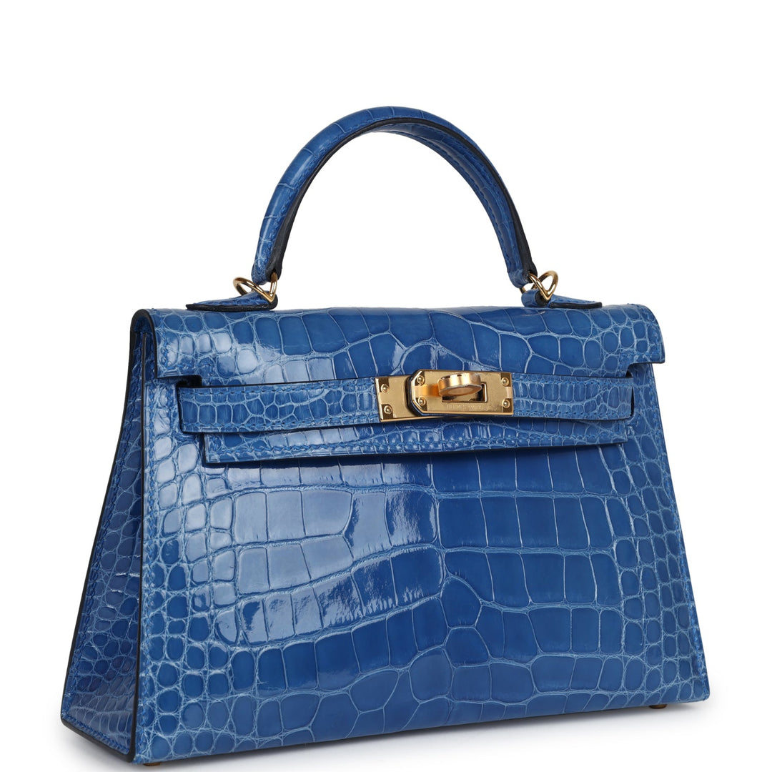 Hermes Kelly Sellier 20 Bleu Zellige Shiny Alligator Gold Hardware