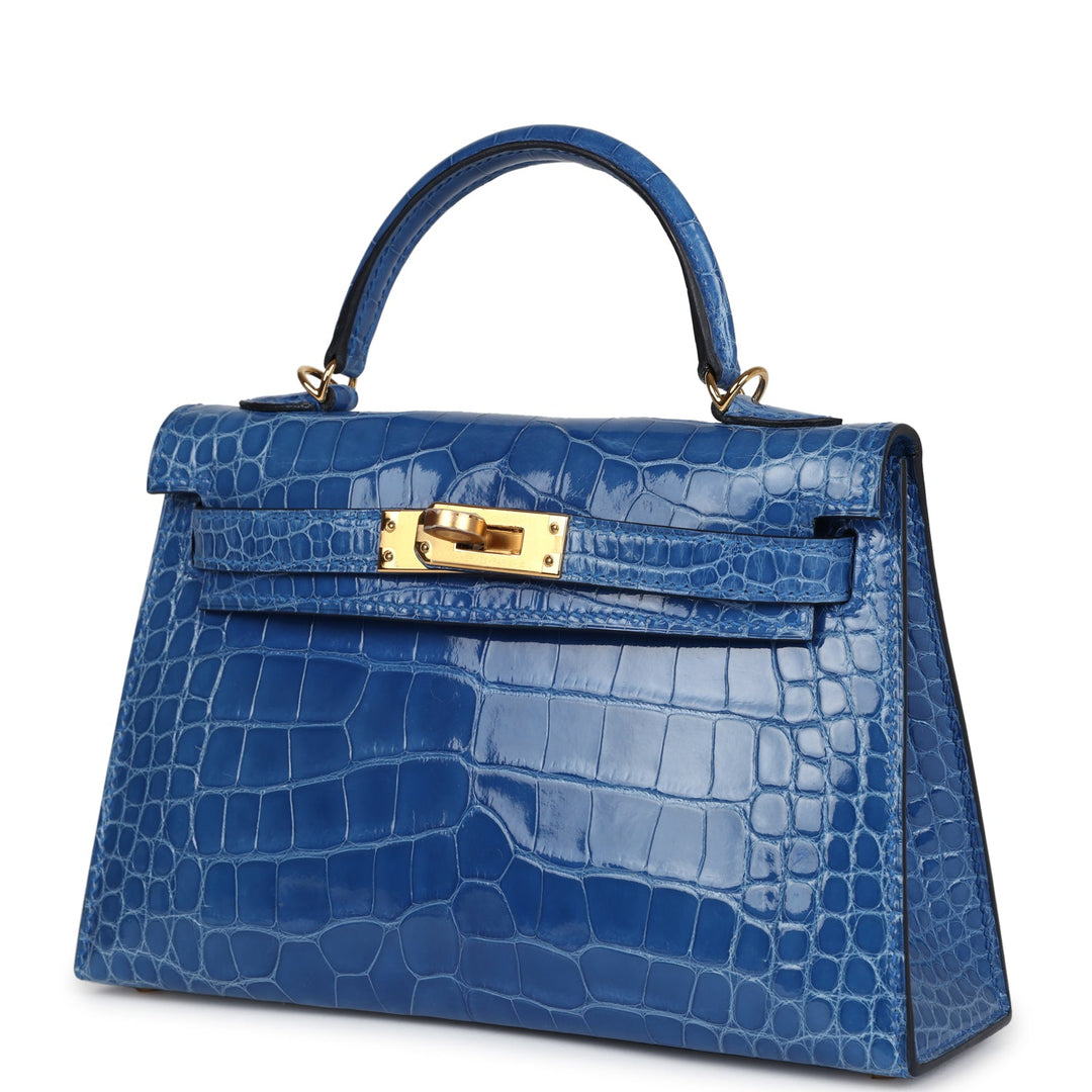 Hermes Kelly Sellier 20 Bleu Zellige Shiny Alligator Gold Hardware