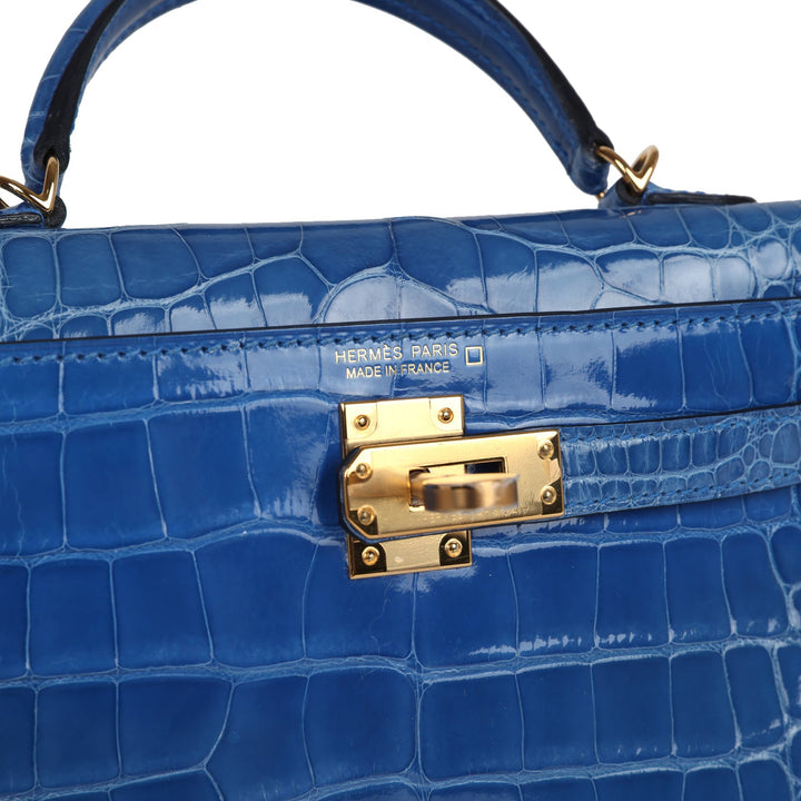 Hermes Kelly Sellier 20 Bleu Zellige Shiny Alligator Gold Hardware