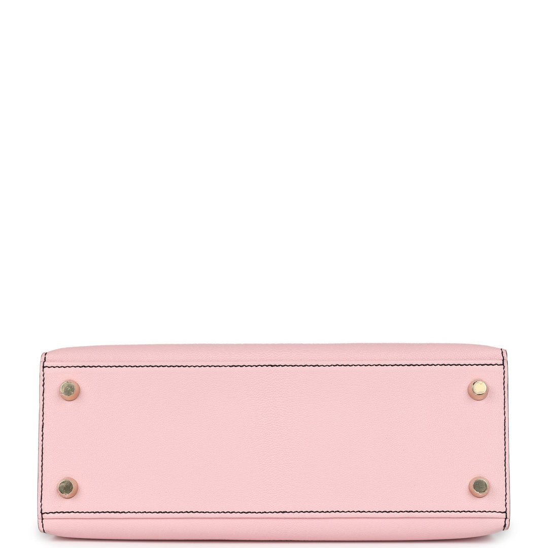 Hermes Special Order (HSS) Kelly Sellier 25 Rose Sakura and Black Chevre Mysore Brushed Gold Hardware