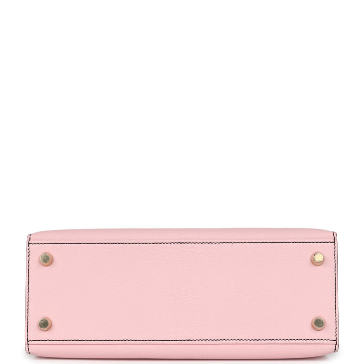 Hermes Special Order (HSS) Kelly Sellier 25 Rose Sakura and Black Chevre Mysore Brushed Gold Hardware