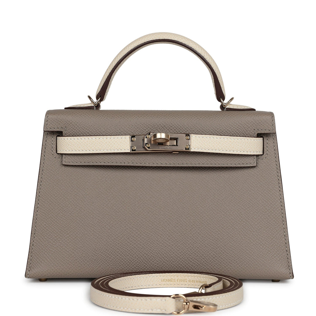 New Hermes Special Order (HSS) Kelly Sellier 20 Craie and Gris Asphalte Epsom Permabrass Hardware