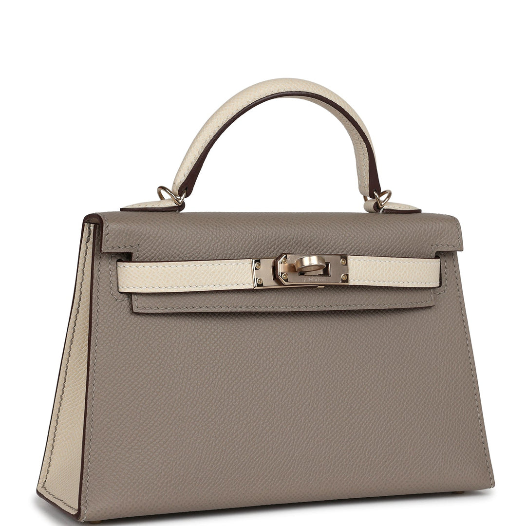 New Hermes Special Order (HSS) Kelly Sellier 20 Craie and Gris Asphalte Epsom Permabrass Hardware